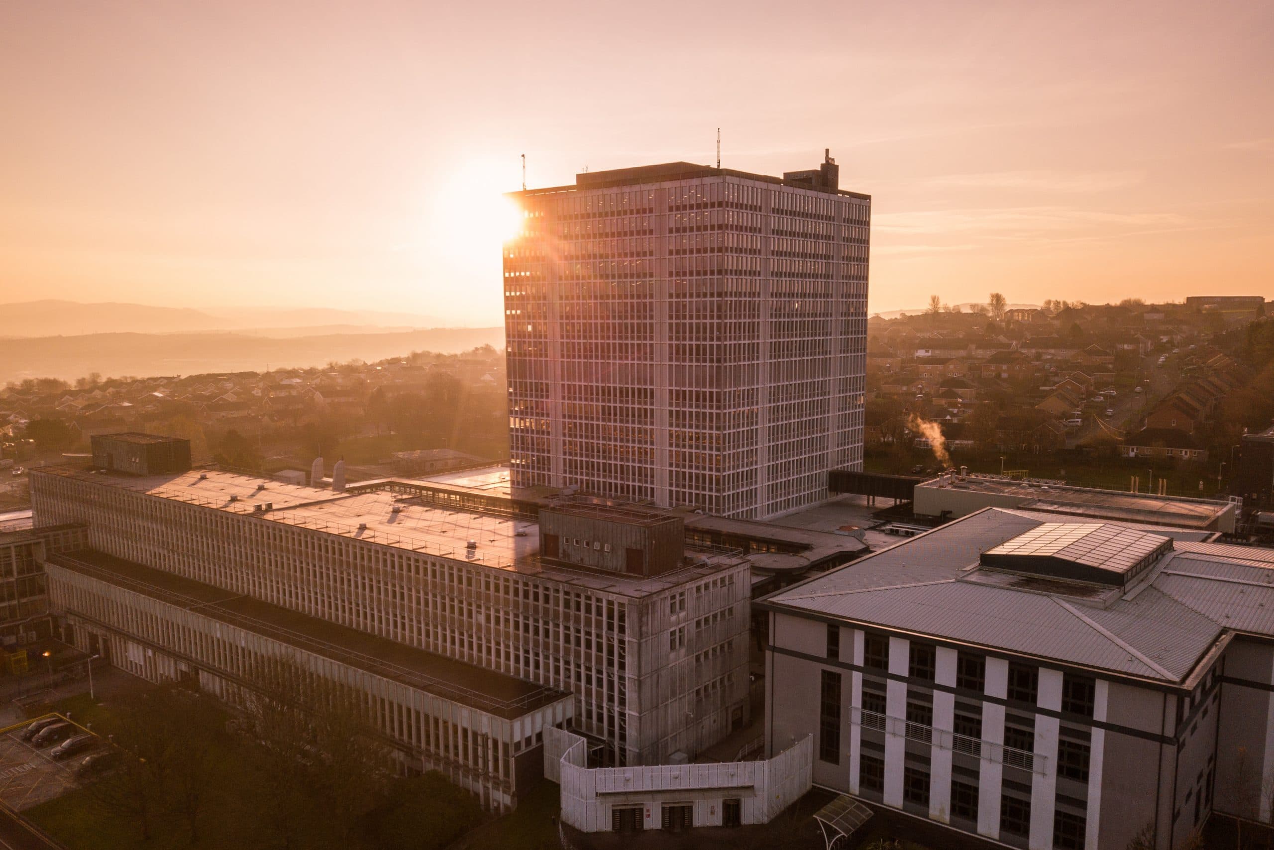 Sun setting on DVLA tower block.