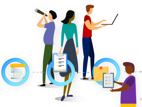 Image depicting illustrated people in front of laptops and showing curiosity to their environment.