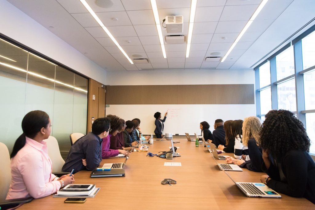 Female Senior Civil Servant presenting to a boardroom of colleagues.